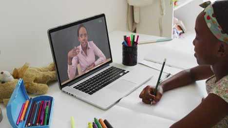 African-american-girl-having-a-video-call-on-laptop-while-doing-homework-at-home