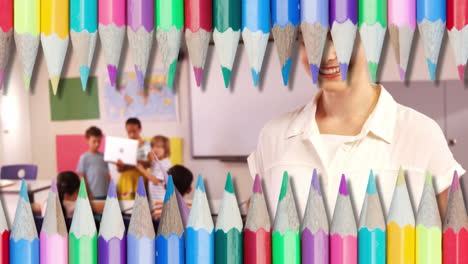 Animation-Von-Buntstiften-über-Verschiedenen-Schulkindern-Und-Lehrerinnen