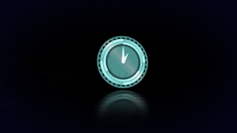 Animation-of-rotating-blue-clock-with-fast-moving-hands-on-black-background