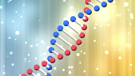 Animation-of-dna-chain-over-white-dots-floating-on-colorful-digital-background