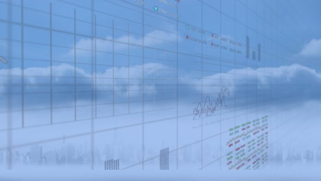 Animation-Von-Statistiken-Und-Finanzdatenverarbeitung-über-Stadtbild-Auf-Blauem-Hintergrund