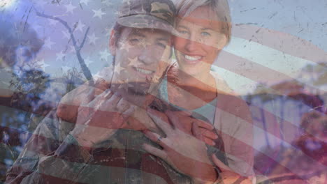 Animation-of-smiling-male-soldiers-with-wife-over-american-flag