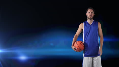 Animation-of-caucasian-male-basketball-player-holding-ball,-on-blue-background-with-pulsing-light