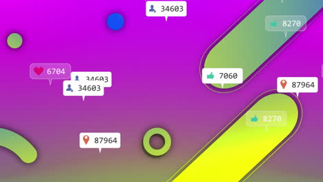 Animation-of-social-media-notifications,-over-colourful-shapes-moving-on-pink