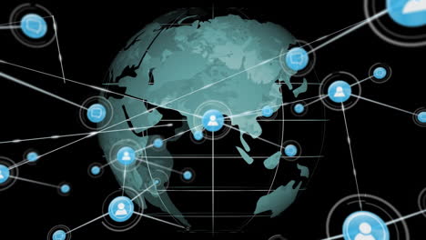 Animation-of-networks-of-connections-with-icons-over-globe-on-black-background