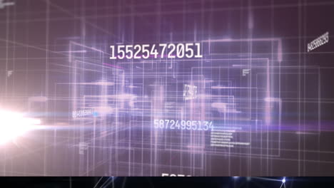 Animation-of-numbers-changing-and-data-processing-over-glowing-light-over-grid-on-purple-background