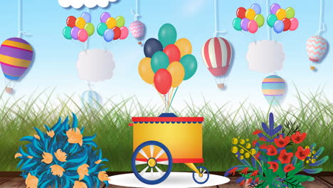 Animation-of-stand-with-colourful-balloons-and-spring-flowers-on-blue-background
