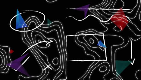 Digital-animation-of-topography-against-colorful-abstract-shapes-on-black-background