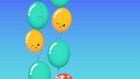 Animation-Von-Grünen,-Roten-Und-Gelben-Luftballons-Mit-Kopierraum-Auf-Blauem-Hintergrund