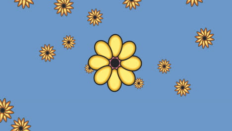 Animation-of-multiple-yellow-flowers-moving-over-blue-background