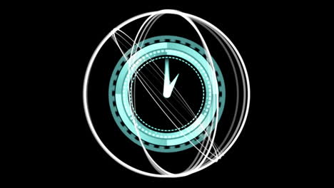 Animation-of-white-globe-spinning-and-clock-moving-fast-on-black-background
