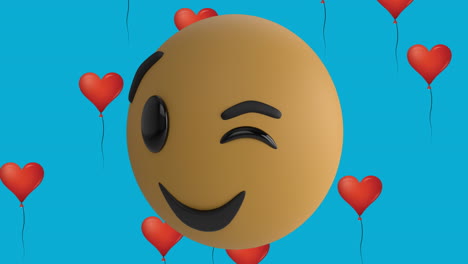 Animación-Del-ícono-Emoji-Sonriente-Con-íconos-De-Globos-De-Corazón-Rojo-Sobre-Fondo-Azul