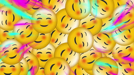 Colorful-digital-waves-over-multiple-blushing-face-emojis-against-tv-static-effect