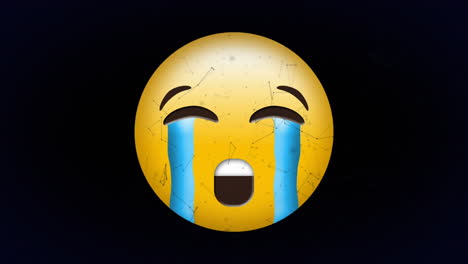 Digital-animation-of-network-of-connections-floating-over-crying-face-emoji-against-black-background