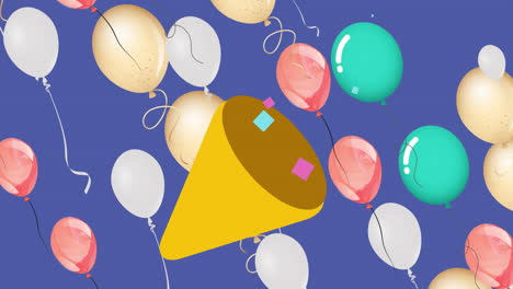 Animation-of-party-corn-over-colorful-balloons-flying-on-blue-background