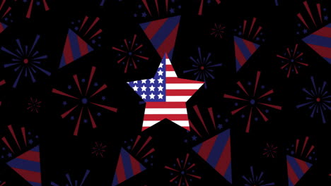Animation-of-star-coloured-with-american-flag-on-black-background