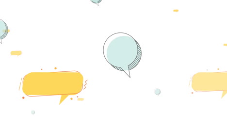 Animation-of-empty-blue-and-yellow-speech-bubbles-rising-on-white-background