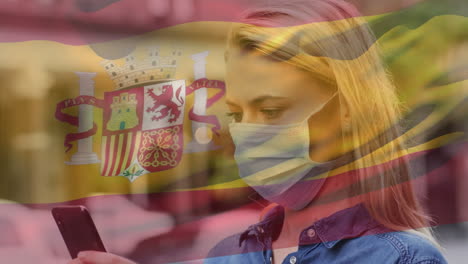 Animation-of-flag-of-spain-waving-over-woman-in-face-masks