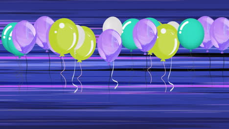 Animation-Von-Bunten-Luftballons,-Die-über-Blauen-Streifenhintergrund-Fliegen
