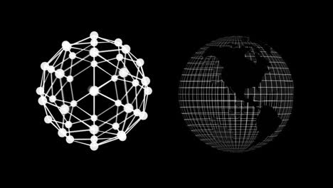 Digital-animation-of-globe-of-network-of-connections-and-globe-icon-spinning-on-black-background