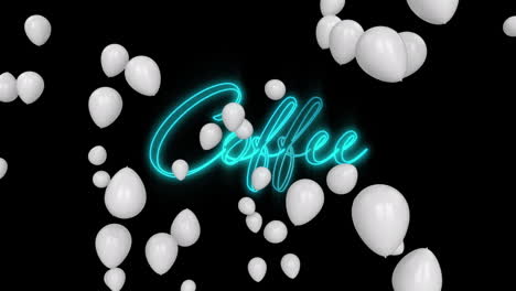 Animation-Von-Textkaffee,-In-Blauen-Neonbuchstaben-Mit-Weißen-Luftballons-Auf-Schwarzem-Hintergrund