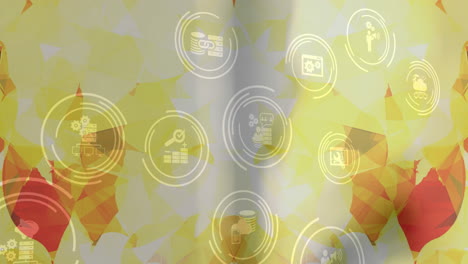 Animation-Des-Netzwerks-Von-Verbindungen-Mit-Digitalen-Symbolen-Auf-Gelbem-Hintergrund