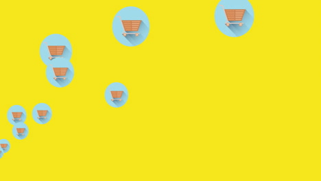 Digital-animation-of-shopping-cart-icons-floating-against-yellow-background