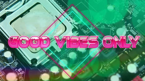 Animation-of-pink-metallic-text-good-vibes-only,-over-neon-lines,-on-computer-motherboard