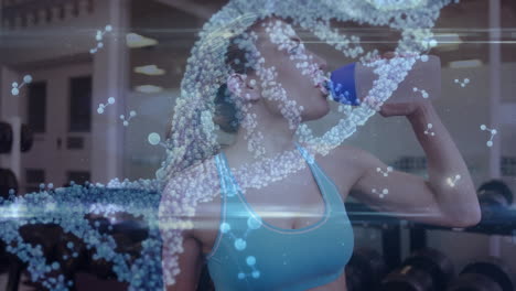 Animation-of-dna-strand-spinning-and-data-processing-over-strong-woman-exercising