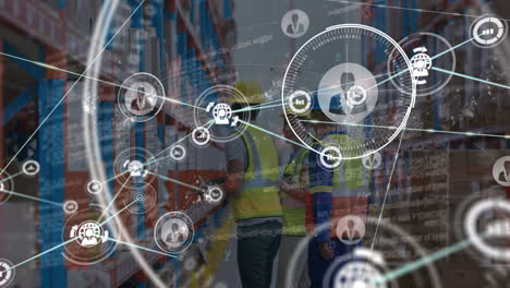 Animation-of-network-of-connections-with-icons-over-people-working-in-warehouse