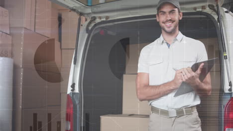 Statistical-data-processing-against-portrait-of-caucasian-delivery-man-with-clipboard-smiling