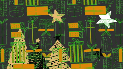 Mehrere-Weihnachtsbaum-Und-Sterne-über-Weihnachtsgeschenksymbolen-In-Nahtlosem-Muster-Auf-Grauem-Hintergrund