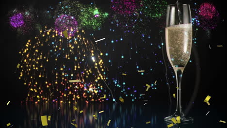 Animation-of-confetti-falling,-glass-of-champagne-and-fireworks