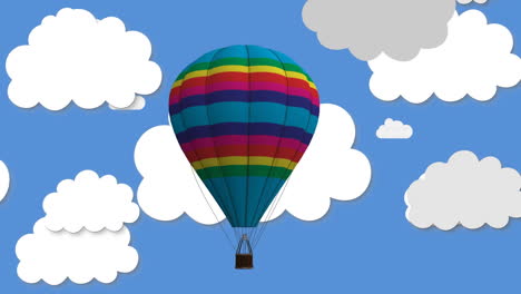 Digitale-Animation-Von-Heißluftballons,-Die-Gegen-Wolkensymbole-Auf-Blauem-Hintergrund-Schweben