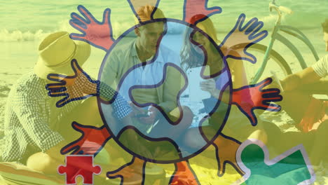 Animation-of-globe-with-hands-logo-colorful-puzzle-pieces-over-happy-playing-children