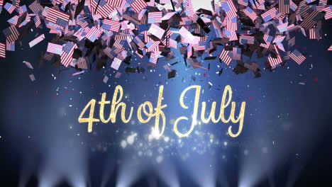 Animation-of-gold-text,-4th-of-july,-with-american-flags-falling,-on-dark-blue-with-lights