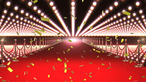 Animation-of-gold-confetti-falling-over-brightly-lit-red-carpet-venue