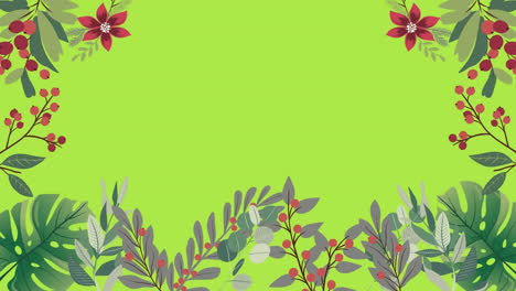 Animation-of-border-of-red-flowers-and-berries-with-green-foliage-on-bright-green-background