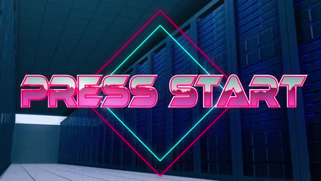 Digital-animation-of-press-start-text-over-neon-squares-against-computer-server-room
