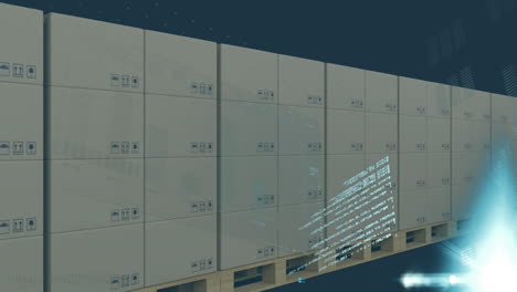 Animation-of-statistics-and-data-processing-over-cardboard-boxes-on-conveyor-belt-in-warehouse