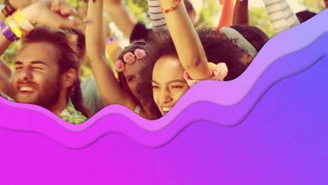 Animation-of-purple-wave-over-happy-people-dancing-outdoors