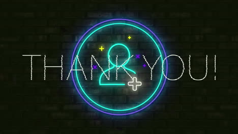 Digital-animation-of-thank-you-text-over-neon-green-add-friend-on-round-banner-against-brick-wall