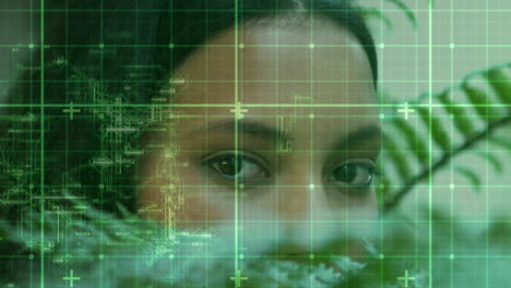 Datenverarbeitung-über-Ein-Gitternetz-Vor-Nahaufnahme-Weiblicher-Augen
