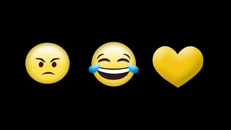Digitale-Animation-Wütender,-Lachender-Gesichts-Emojis-Und-Gelbes-Herzsymbol-Auf-Schwarzem-Hintergrund