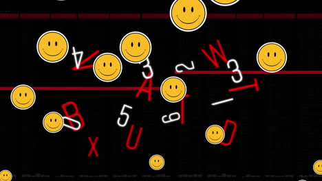 Mehrere-Emojis-Mit-Lächelnden-Gesichtern-Schweben-Vor-Wechselnden-Zahlen-Und-Buchstaben-Auf-Schwarzem-Hintergrund