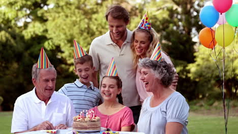 Animation-of-confetti-falling-over-happy-family-at-birthday-party