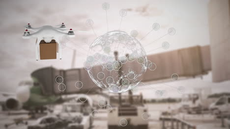Animation-Des-Verbindungsnetzes-über-Drohne-Mit-Paket-über-Dem-Flughafenvorfeld