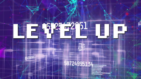 Level-up-text-over-multiple-changing-numbers-and-network-of-connections-against-purple-background