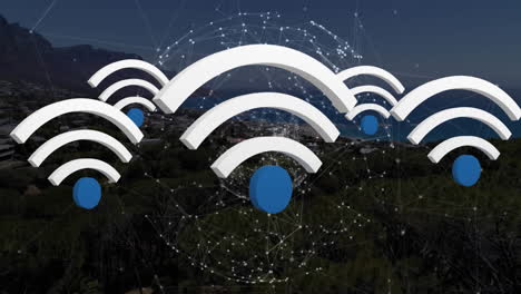Animation-of-wifi-digital-icons-floating-over-globe-of-connections-and-landscape