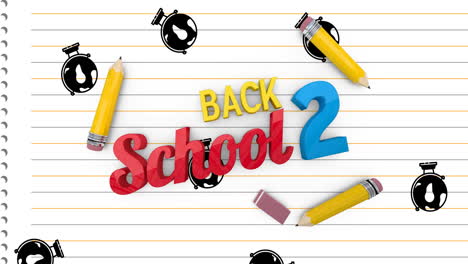 Animation-Von-„Back-To-School“-Texten-über-Schulartikel-Symbolen-Auf-Weißem-Hintergrund